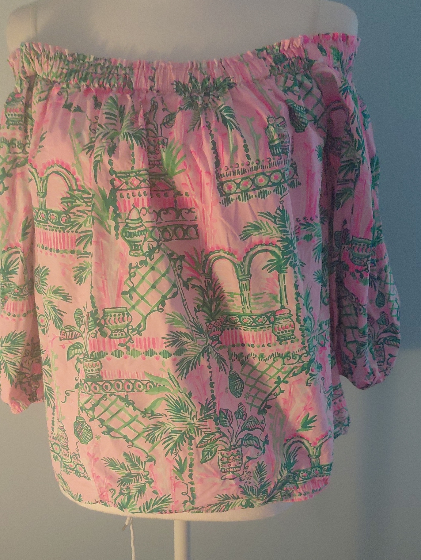 Lilly Pulitzer Pink And Green Ruffled Off-Shoulder Top